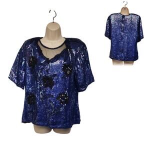 Stenay Vintage Midnight Blue Sequin and Beaded Short Sleeve Top Blouse Size XL
